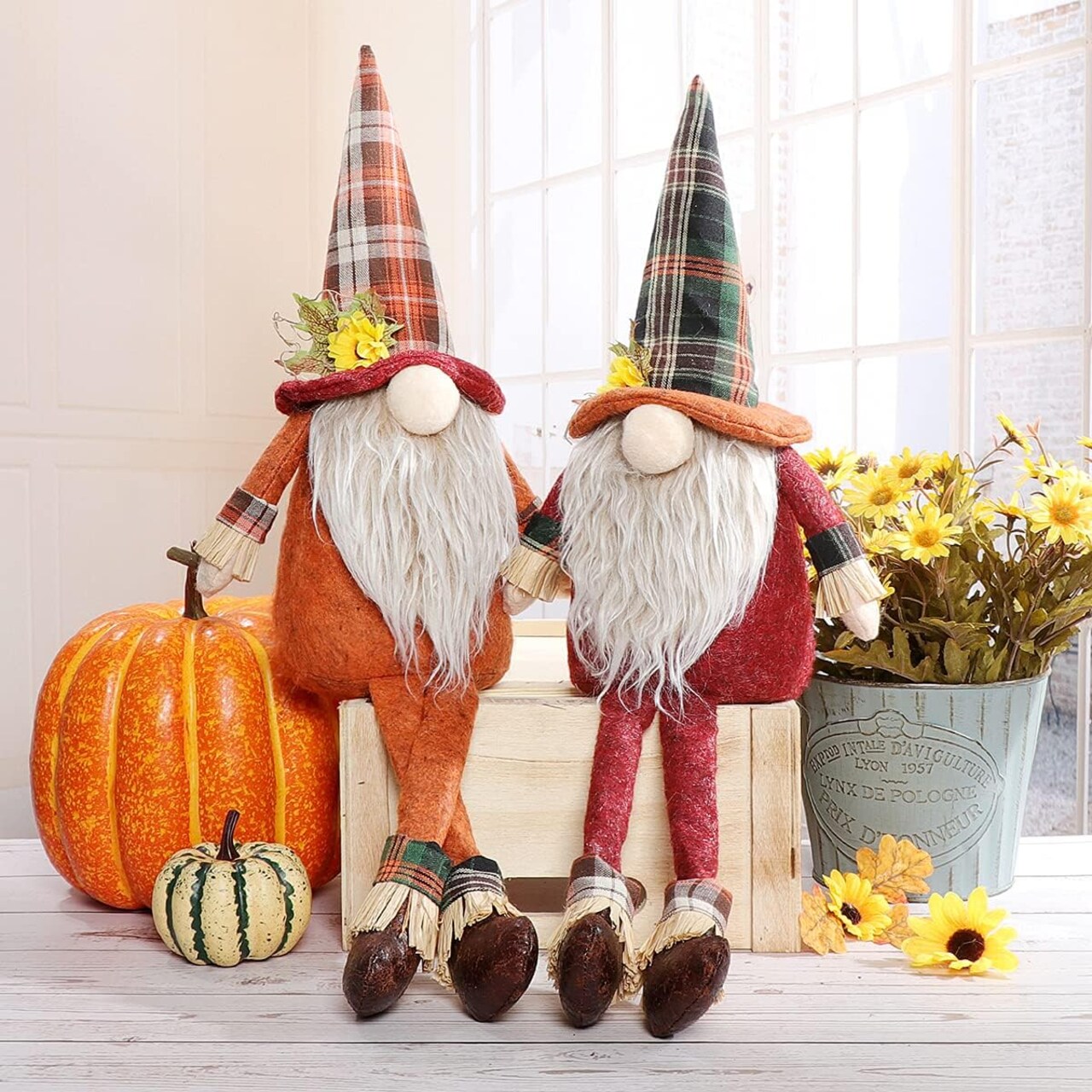 Fall Gnome Set with Two Dangle Legs. Buffalo Check Hat Plush Nisse Figurine. Swedish Nordic Tomte Scandinavian for Autumn Thanksgiving Home Decor Interior Decorations